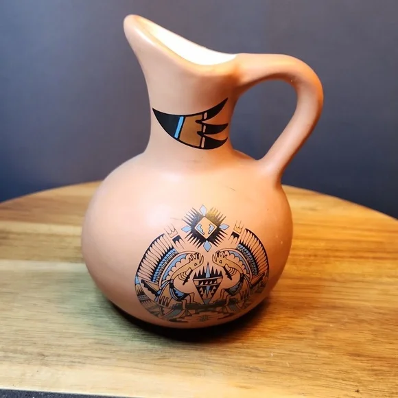 5in Vintage from the 90s Pottery Pitcher Aztec Southwest Pottery Jug Vessel - Picture 1 of 6